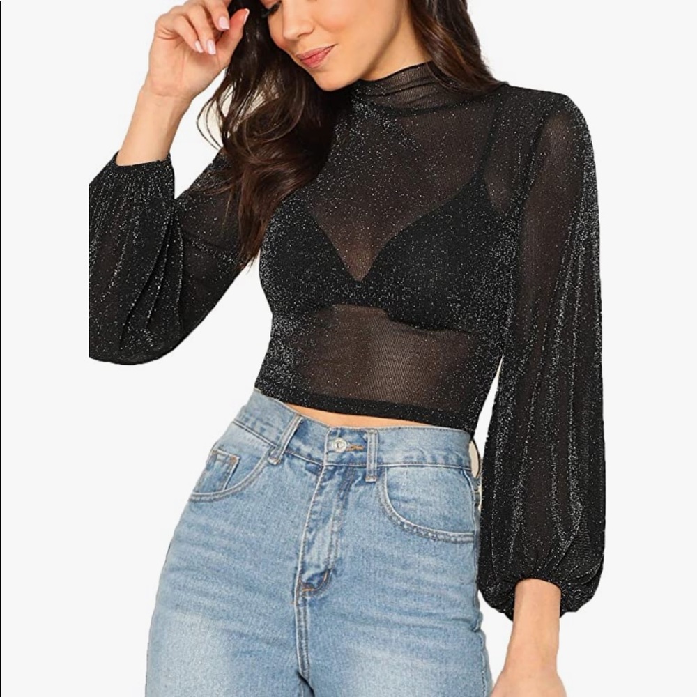 Black Sparkle Sheer Romwe Top